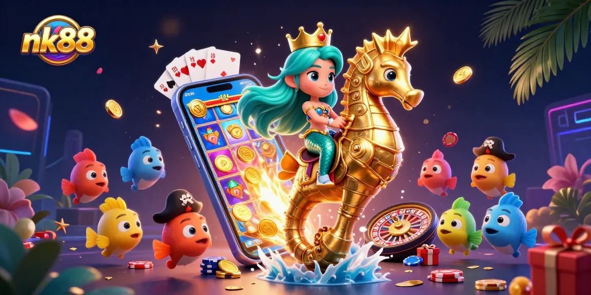 Engage with nk88's vibrant world as a mermaid princess explores casino treasures in a captivating underwater scene.