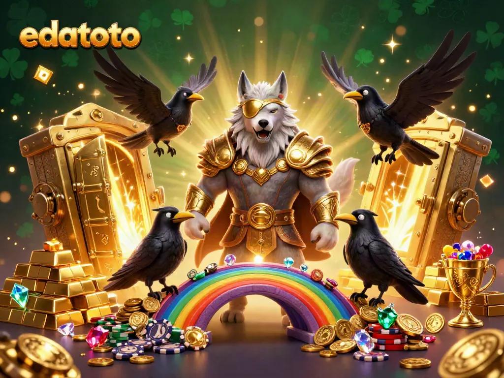 Experience thrilling gaming at edatoto with Odin's wolf and ravens amid a treasure-filled casino ambiance.