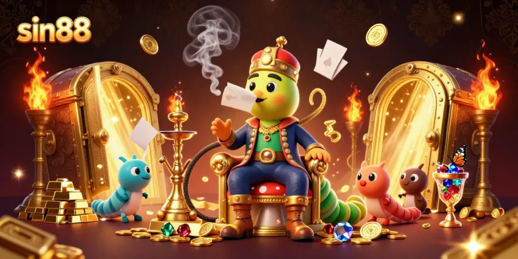 Experience the vibrant world of sin88 with dynamic casino elements and a captivating caterpillar character.