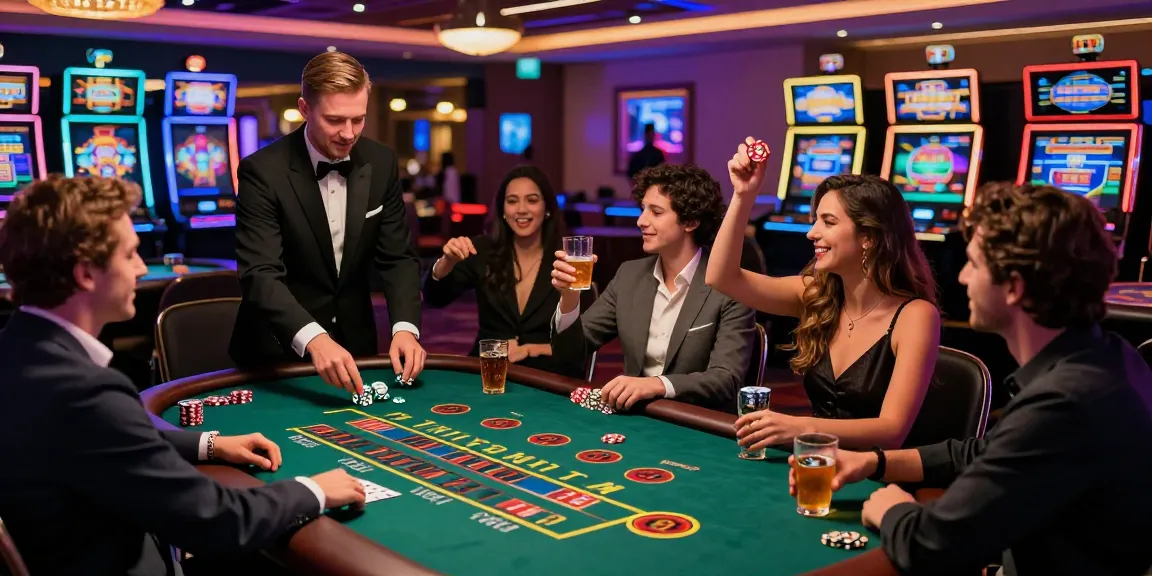 Exciting scene at happyluke online casino with players enjoying Blackjack and vibrant slot machines in a luxurious setting.