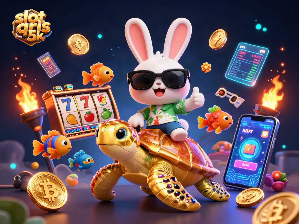Experience high-stakes fun with slot qris 5k in this vibrant 3D illustration of lucky characters and games.