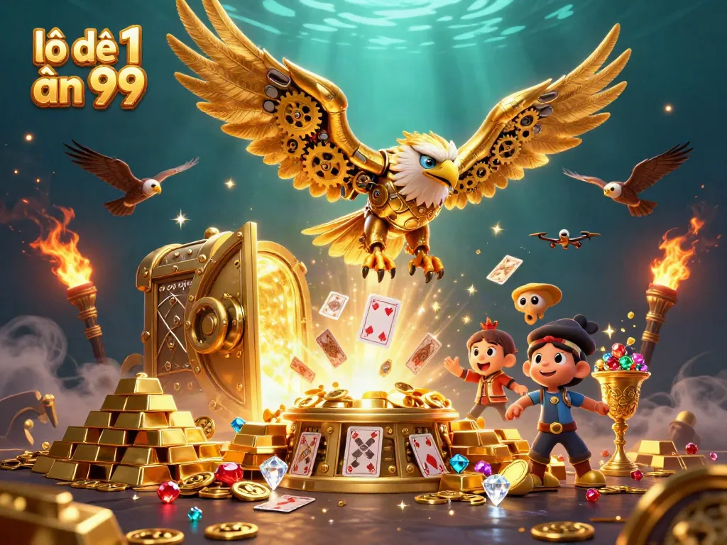 Lô đề 1 ăn 99 showcases a golden eagle diving through holographic cards surrounded by treasure, illustrating high-stakes gambling.