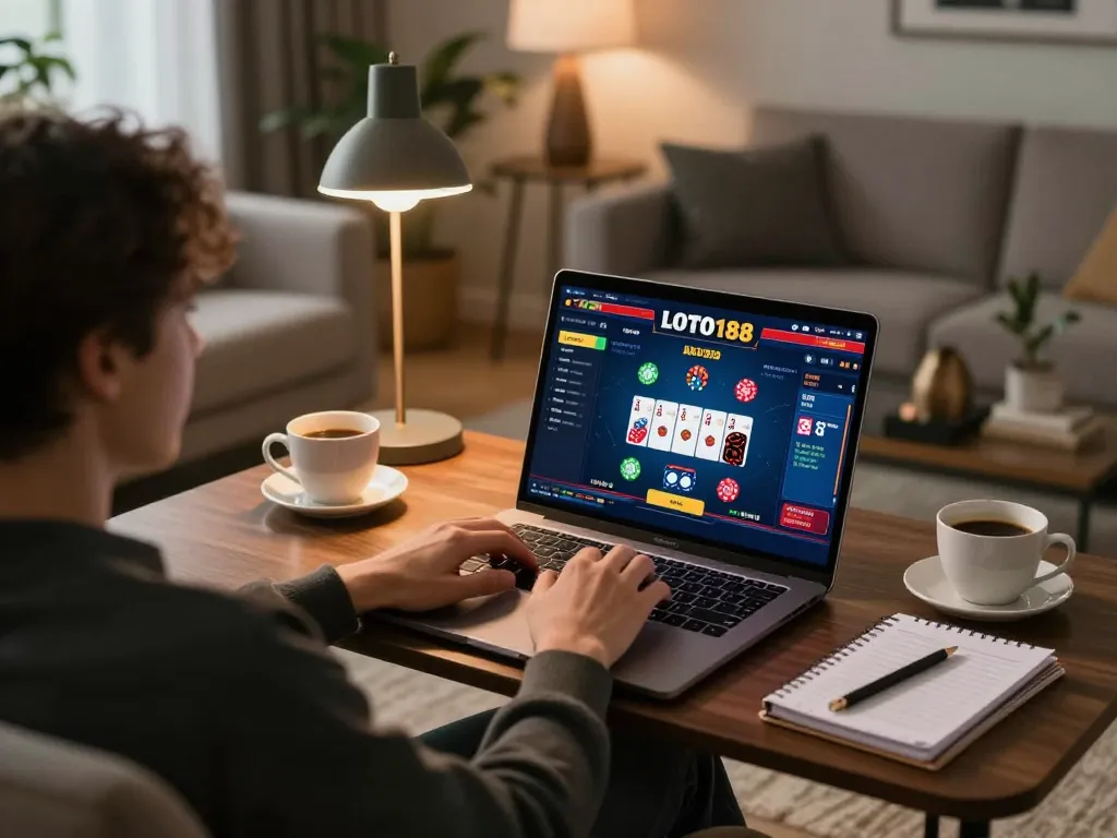 Engaging in LOTO188's online casino games from a stylish home setup, highlighting strategic gameplay.