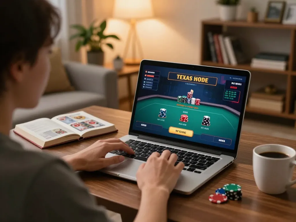 Intently playing online poker at home with mm88 displayed on the laptop screen, showcasing strategic gameplay.