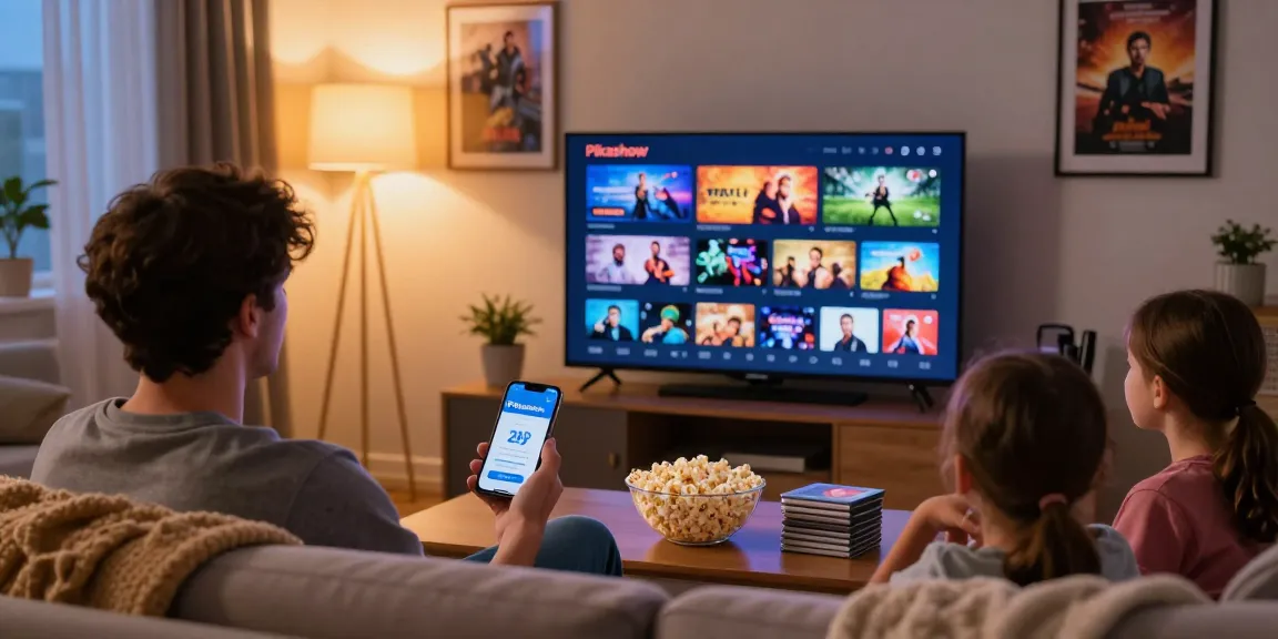 Pikashow APK download homepage shown on smartphone in cozy living room setting, illustrating home entertainment.