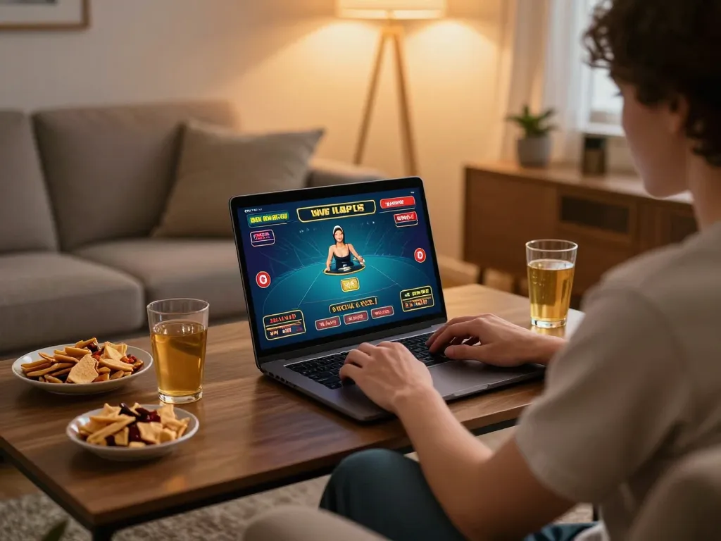 Engaged player using GG88 app on laptop for live betting in a cozy home setup