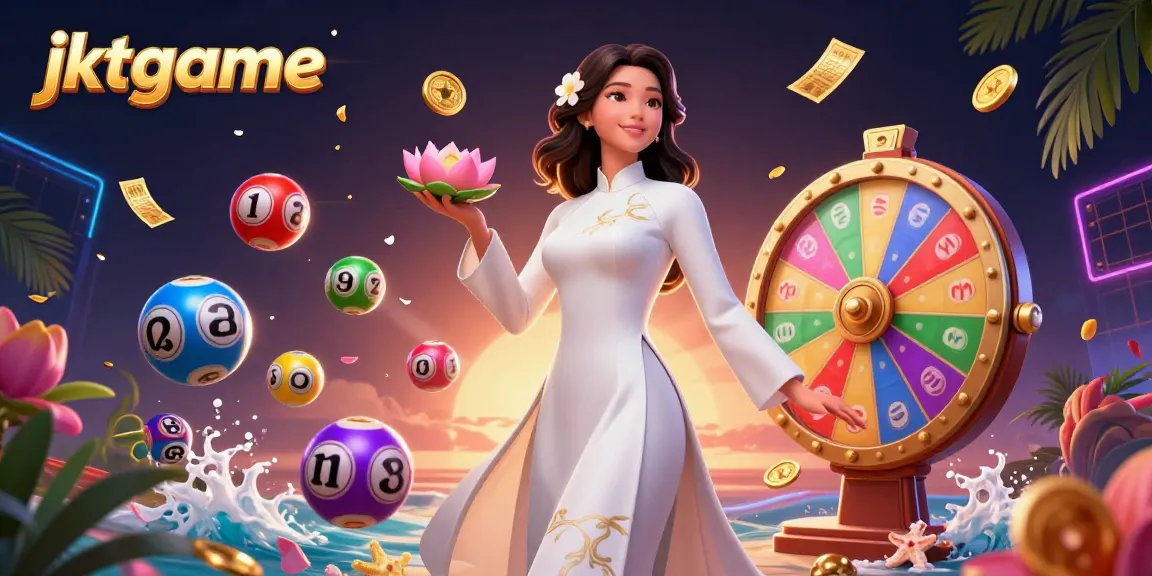 Rasakan permainan yang mendebarkan dengan jktgame, menampilkan elemen lotere yang berwarna-warni dan karakter Asia yang tenang.