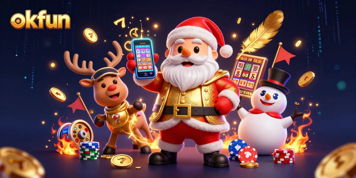 Spin jackpots with okfun in a vibrant 3D casino scene featuring Santa, reindeer, and a snowman.