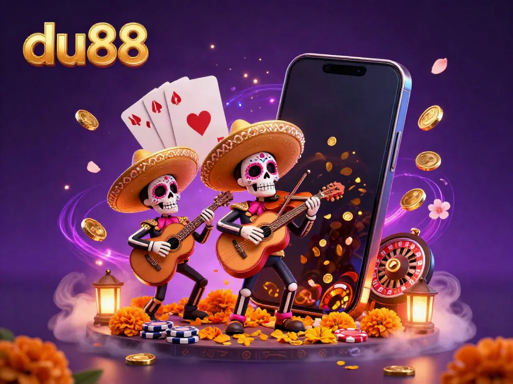 Experience immersive gaming at du88 with a vibrant mariachi band, colorful slot games, and festive elements.