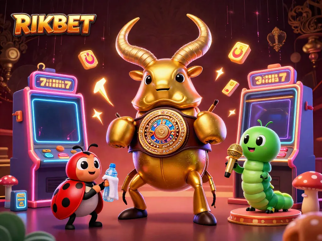RIKBET features a vibrant 3D casino scene with a golden stag beetle and gaming elements.