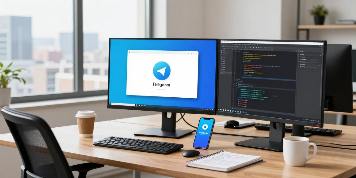 Telegram下载 - 开发者在现代办公桌前工作，显示Telegram界面与编码软件。
