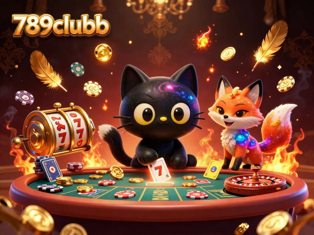 Engage with the vibrant casino world of 789clubb as a black hole cat and nebula fox spins golden slots and poker chips.