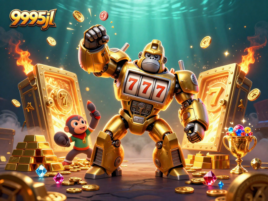 Engage with the vibrant 9995jl casino scene featuring a golden gorilla mech and dynamic slot elements.