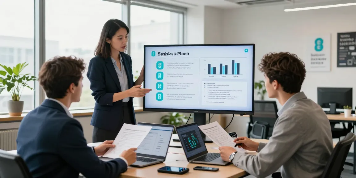 Comparing EE vs Three business plans in a vibrant office environment with professionals discussing mobile plan features.