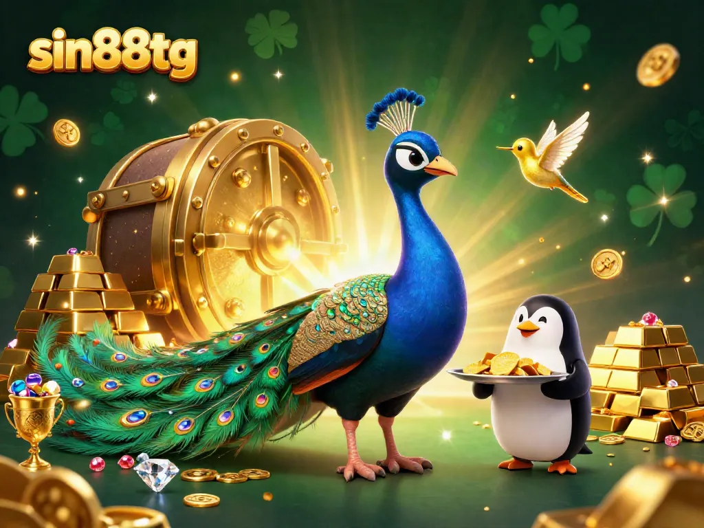 Experience thrilling jackpots at sin88tg with a vibrant casino-themed 3D illustration featuring a majestic peacock and gem-laden treasures.