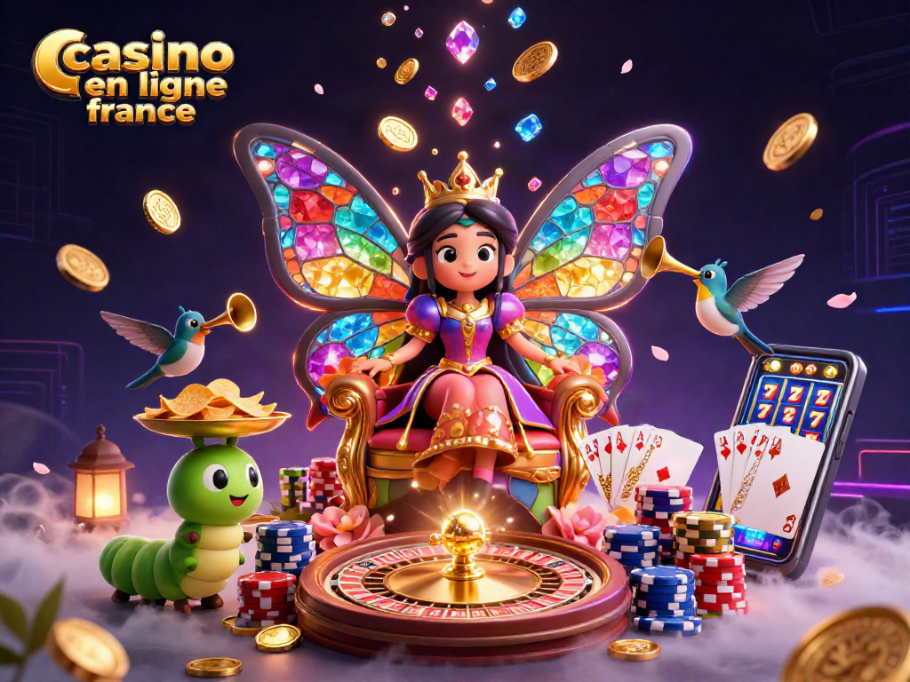 Visitez le casino en ligne France avec une reine papillon, des jeux de cartes et des jetons dorés.