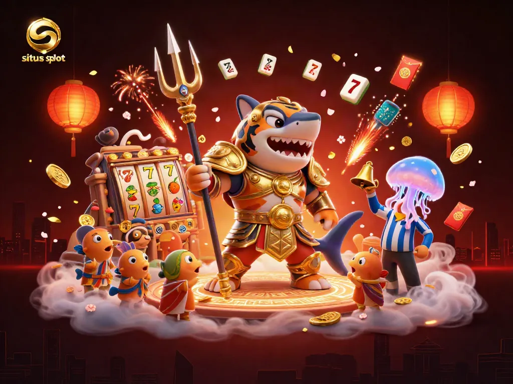 Experience exciting gameplay at the situs slot with vibrant scenes of a shark gladiator and festive symbols.