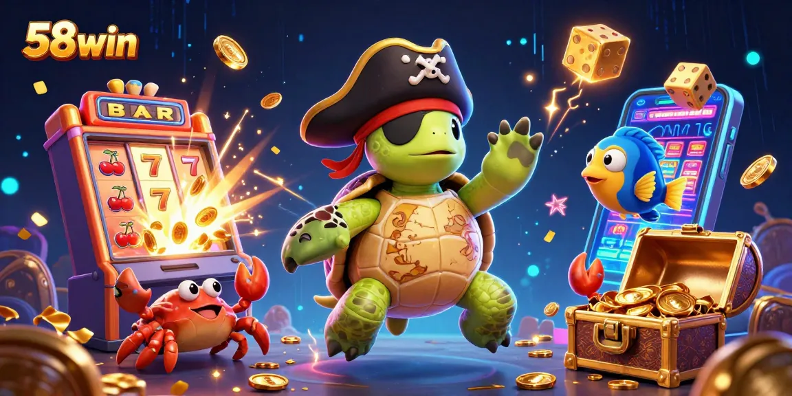 Win big with 58win in this dynamic casino scene, showcasing vibrant slot machines and treasure.