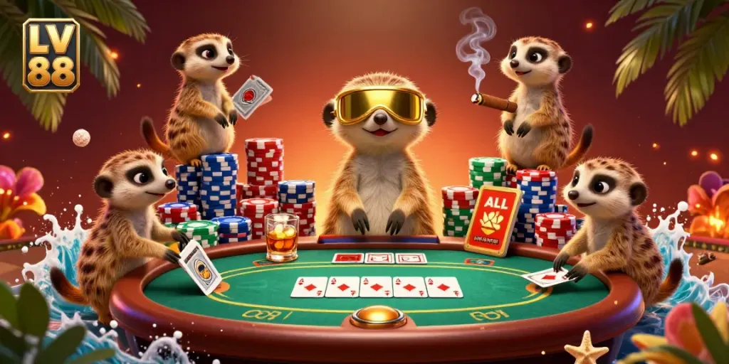 Play exciting poker games at LV 88 with colorful meerkats in a bustling casino.