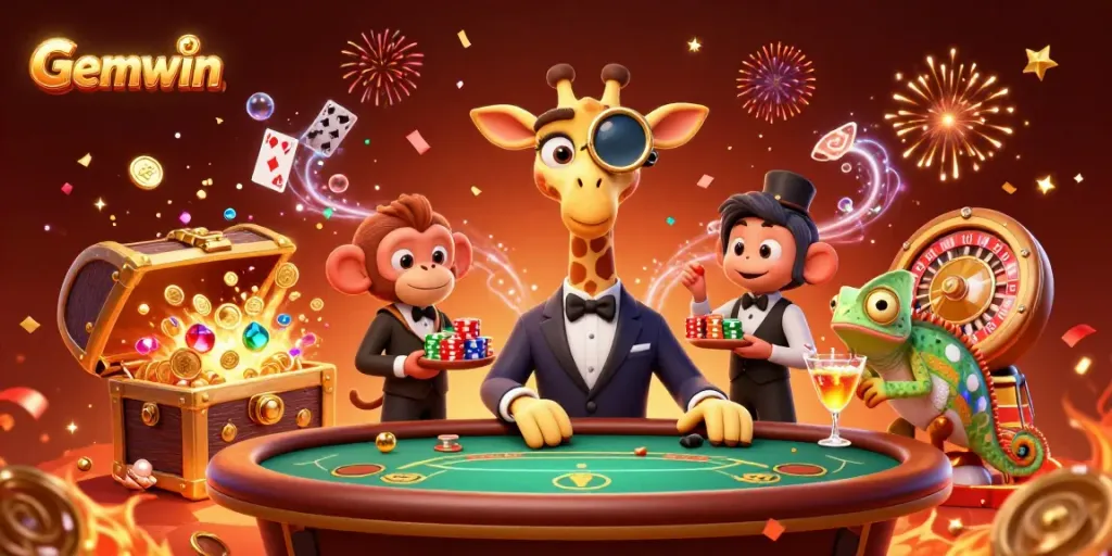 Experience high-stakes gameplay with Gemwin's vibrant casino scene featuring a high-roller giraffe.