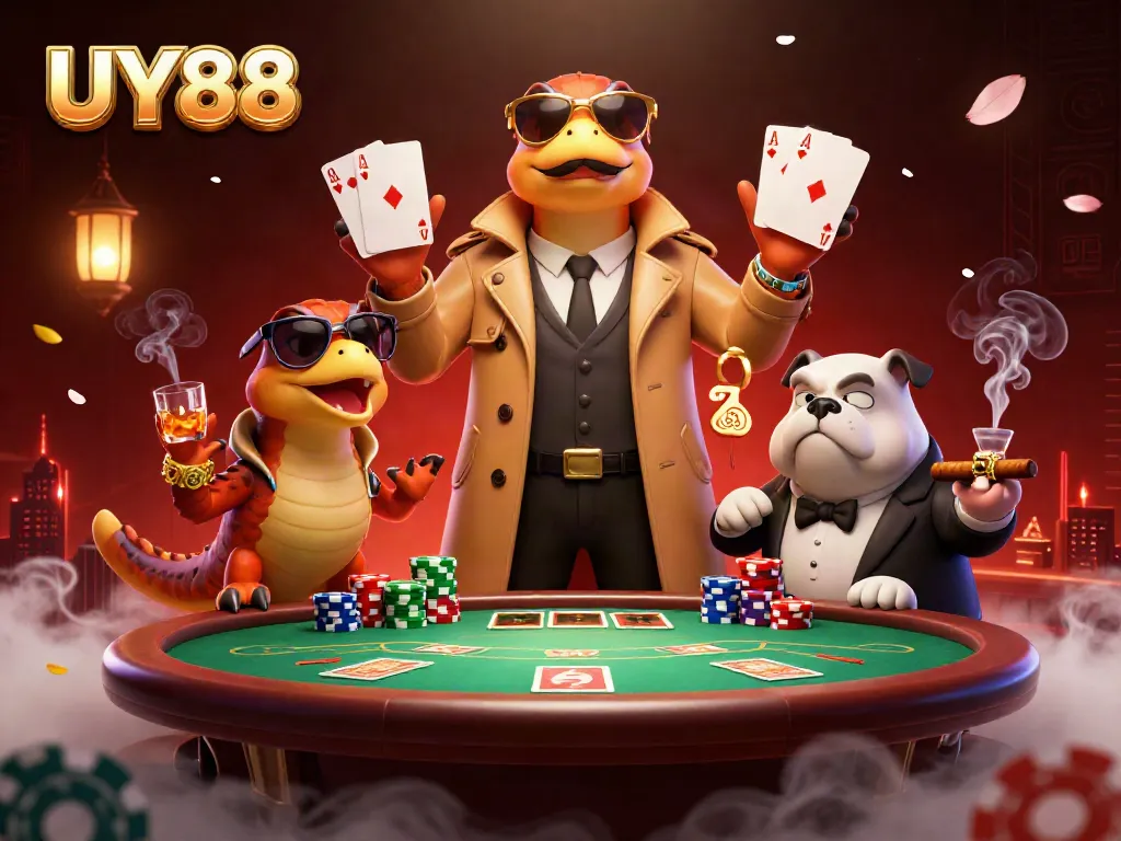 Three raptors in a trench coat attempt to enter a VIP casino lounge at UY88, surrounded by poker elements.