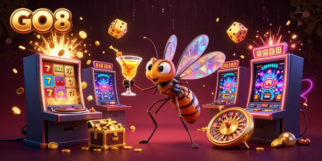 Experience the thrill of GO 8 with a lively casino scene featuring animated mascots, coins, and games.