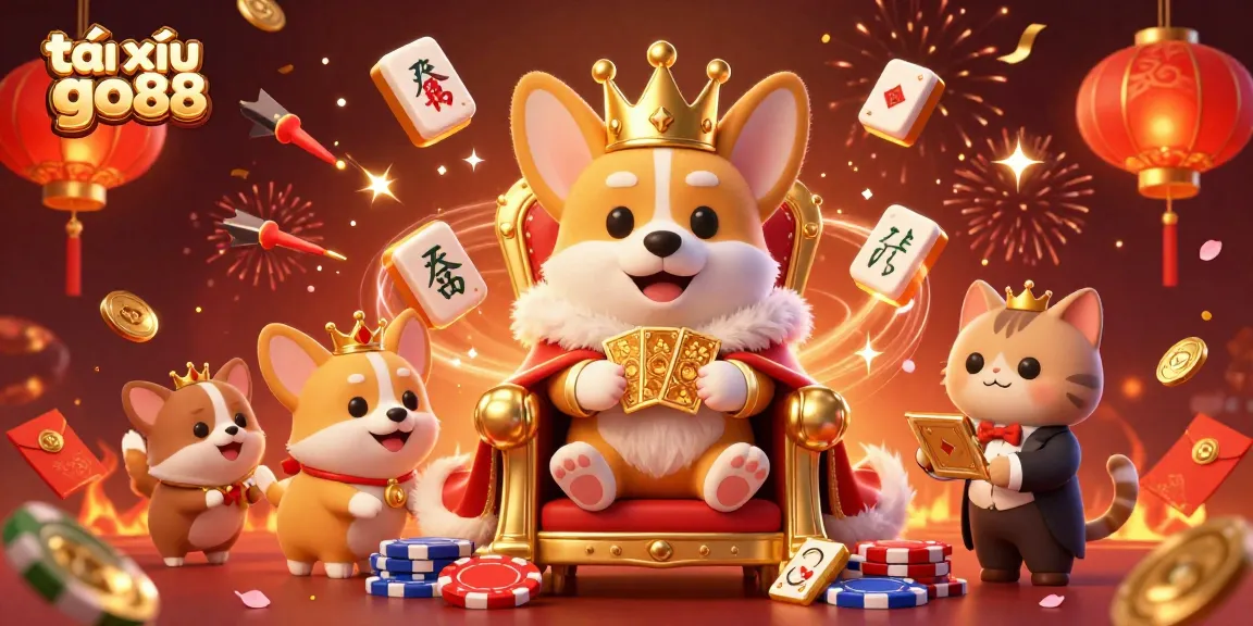 Engage with tài xỉu go88 in an exhilarating online casino scene featuring a royal corgi and vibrant gambling elements.