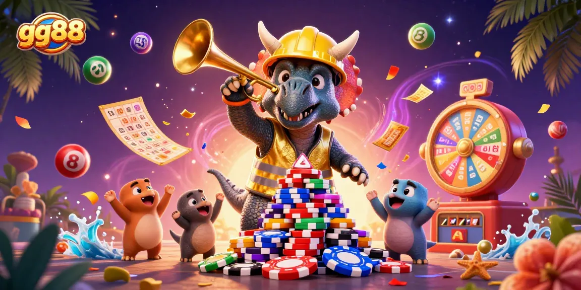 Engage in exciting lottery action with gg88 as a triceratops builds a poker chip pyramid!