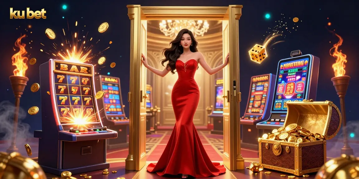 Engage in thrilling games with ku bet, featuring a majestic casino entrance and vibrant slot explosions.