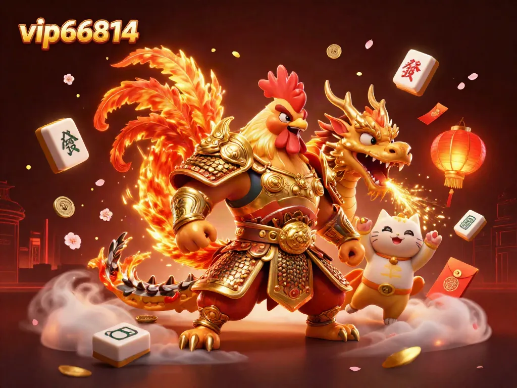 Engage in thrilling gameplay at vip66814 with a samurai rooster, a dragon hatchling, and a fortune cat mascot, all amid dynamic casino elements.