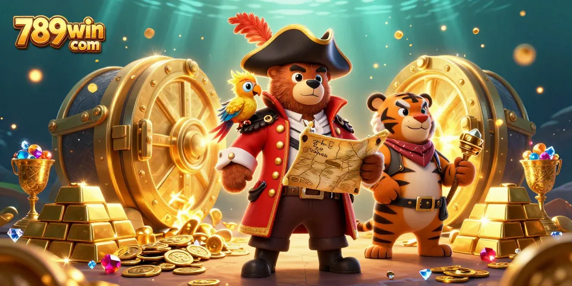 Experience the thrill at 789win com with a vibrant pirate-themed treasure hunt illustration.