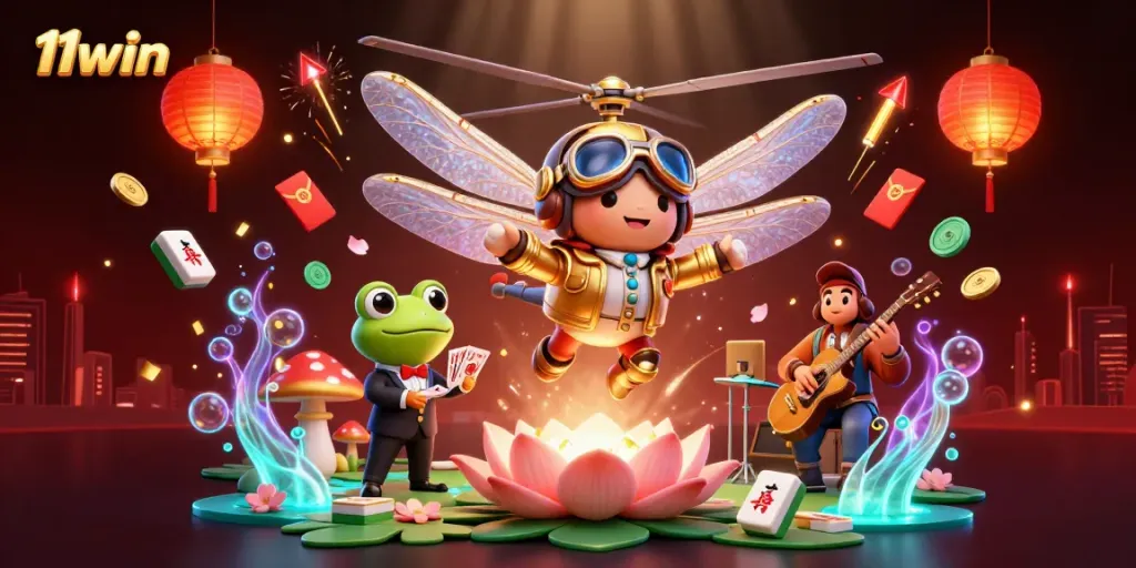 Experience thrilling excitement at 11win casino with vibrant dragonfly pilot and lively frog croupier in a dynamic scene.