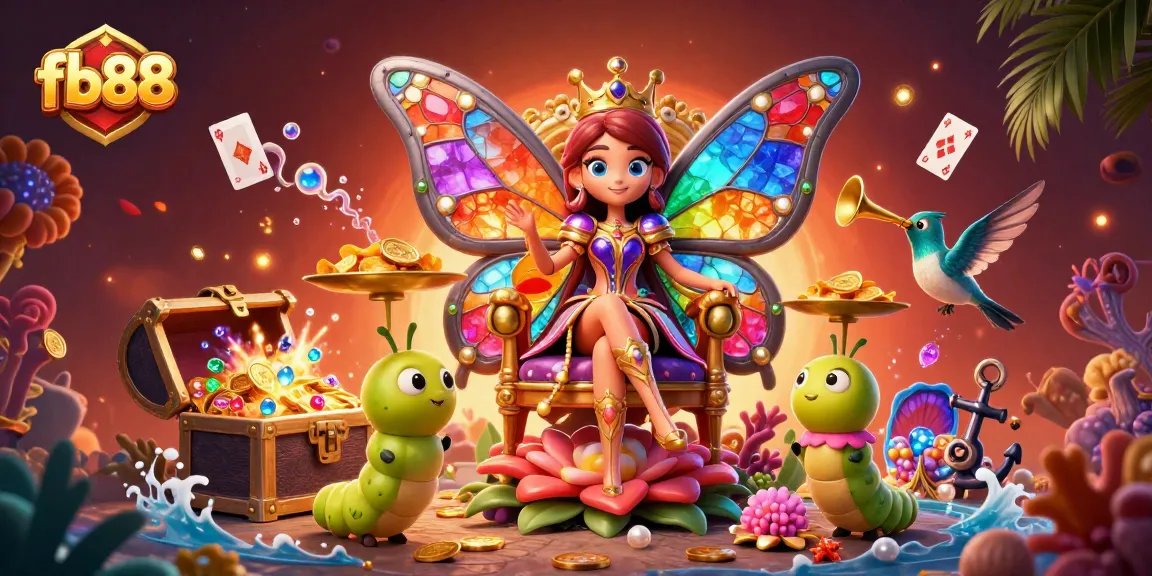 Experience thrilling gameplay with fb88, showcasing a vibrant 3D scene of a majestic butterfly queen and exciting casino elements.