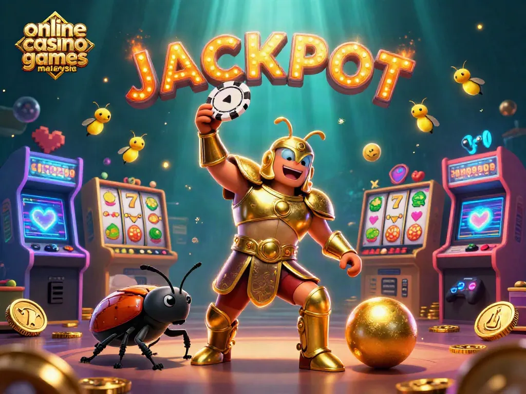 Engage with online casino games Malaysia featuring a victorious beetle championing a poker chip amidst slot reels and vibrant game elements.