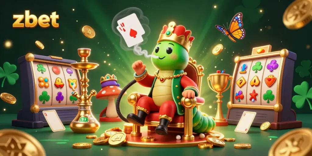 Experience the vibrant world of zbet with a colorful 3D cartoon scene featuring a caterpillar sultan amidst casino action.