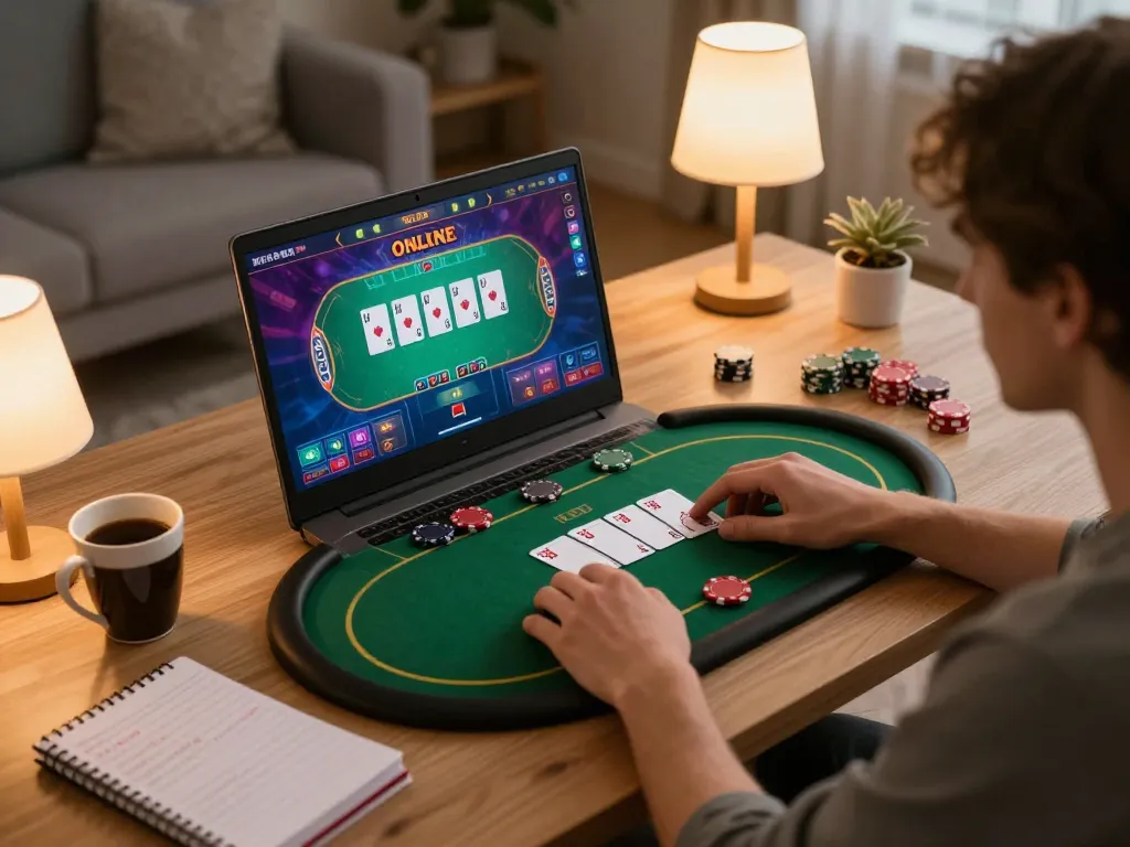 Engaging online poker session at home with 789WIN app showing action on the screen