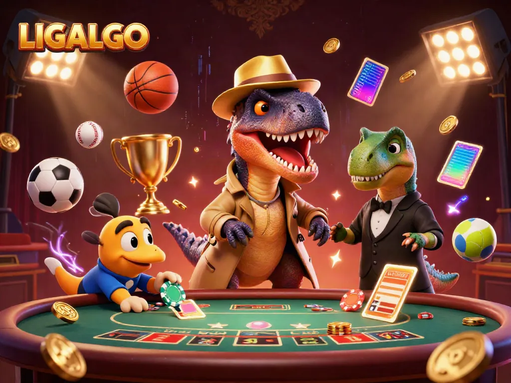 Experience thrilling blackjack action at LIGALGO with a cartoon velociraptor and dynamic sports elements.