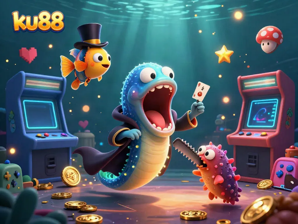 Engaging scene where a bioluminescent gulper eel performs card tricks, spotlighted by an anglerfish, symbolizing ku88's vibrant casino experience.