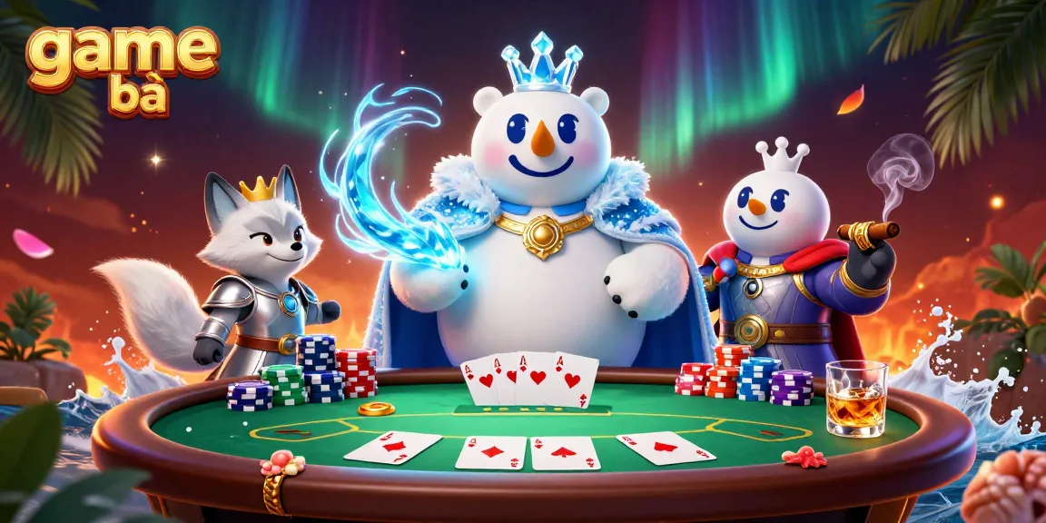 Engage in game bài excellence with a vibrant illustration featuring polar bear royalty and poker elements.