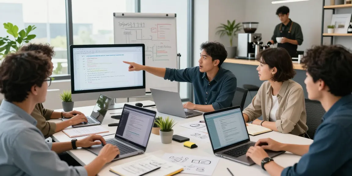 Build internal tools with AI in a collaborative office setting showcasing team discussions and tool prototypes.