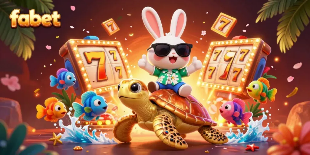 Experience thrilling gaming with fabet's vibrant lucky rabbit and sea turtle in this casino-themed 3D illustration.