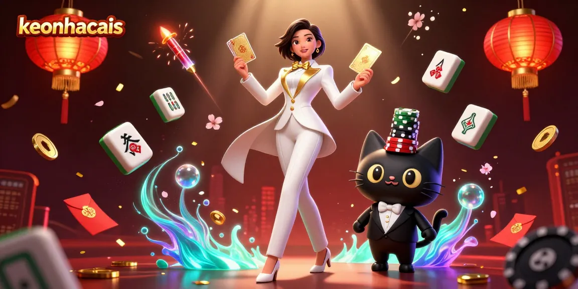 Engage with thrilling keonhacais gaming visuals, featuring a stylish dealer, glowing elements, and dynamic casino action.