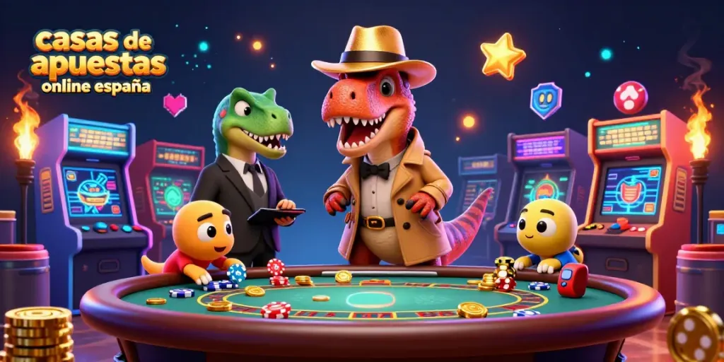 Apuesta en casas de apuestas online en España con un velociraptor en una mesa de blackjack y detalles vibrantes de casino.