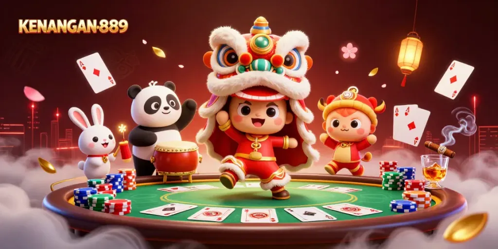 Experience the excitement of KENANGAN889 while enjoying a vibrant casino scene with festive characters.
