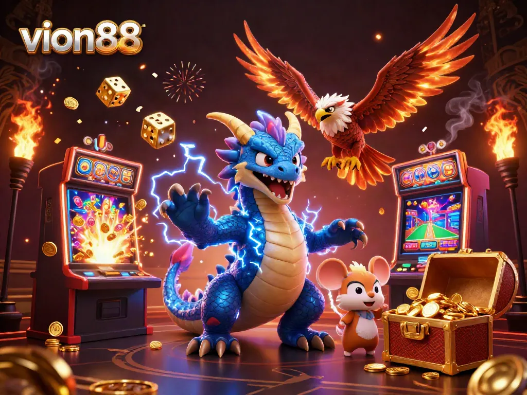Spin to win with vion88's captivating casino scene featuring slot machines and dynamic characters.