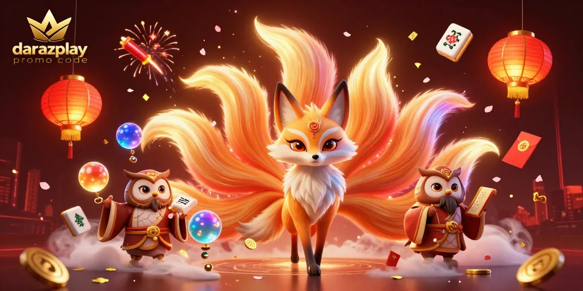Exciting illustration showcasing darazplay promo code elements with a colorful nine-tailed fox and gaming themes.