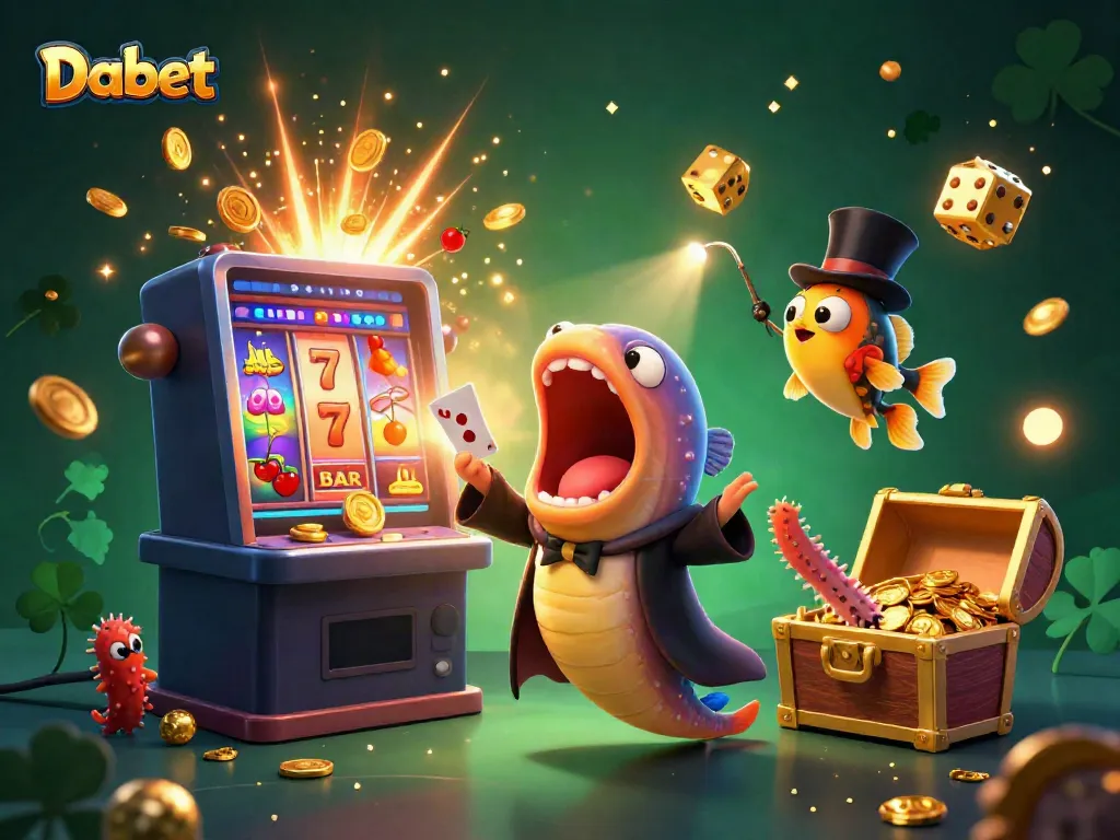 Dabet's 3D casino scene showcasing a vibrant explosion of games, cash, and entertainment elements.